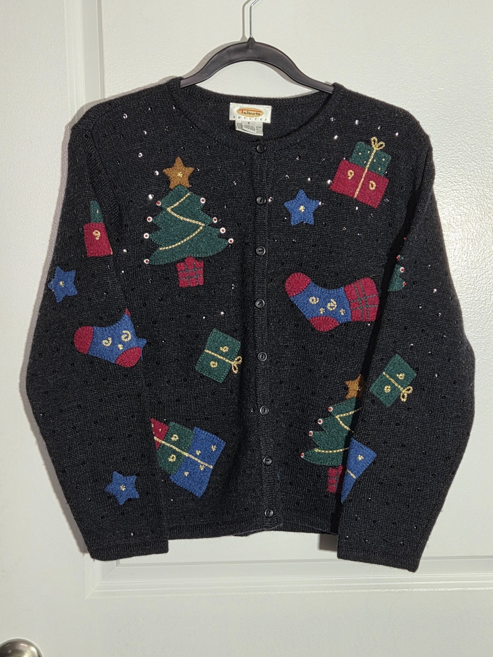 Talbots Christmas Trees Print Wool Sweater Cardigan Small Sequence VTG